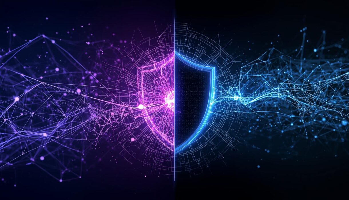 generar una portada de calidad con el tema relacionado a ia generativa riesgos y defensa con simbolos o marcaas relacionado al tema