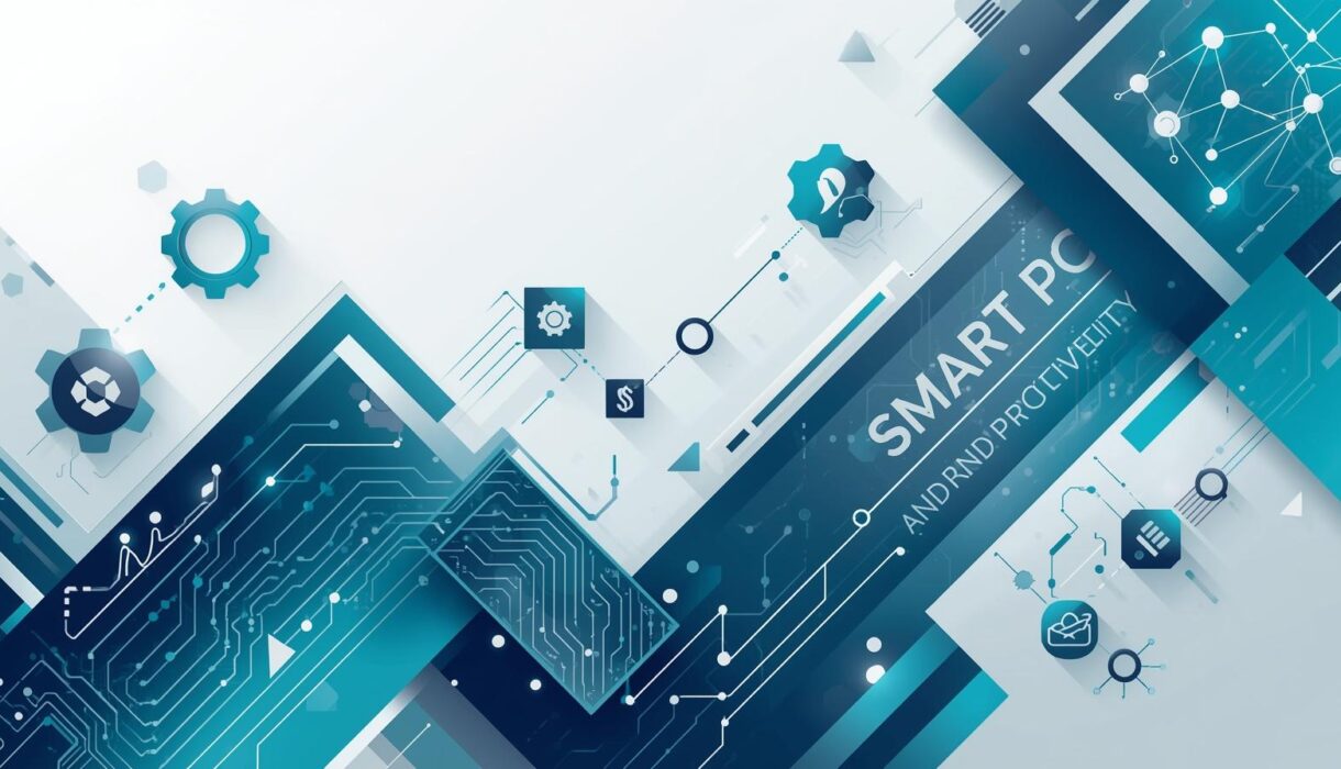 generar una portada de calidad con el tema relacionado a pcs inteligentes y productividad con simbolos o marcaas relacionado al tema