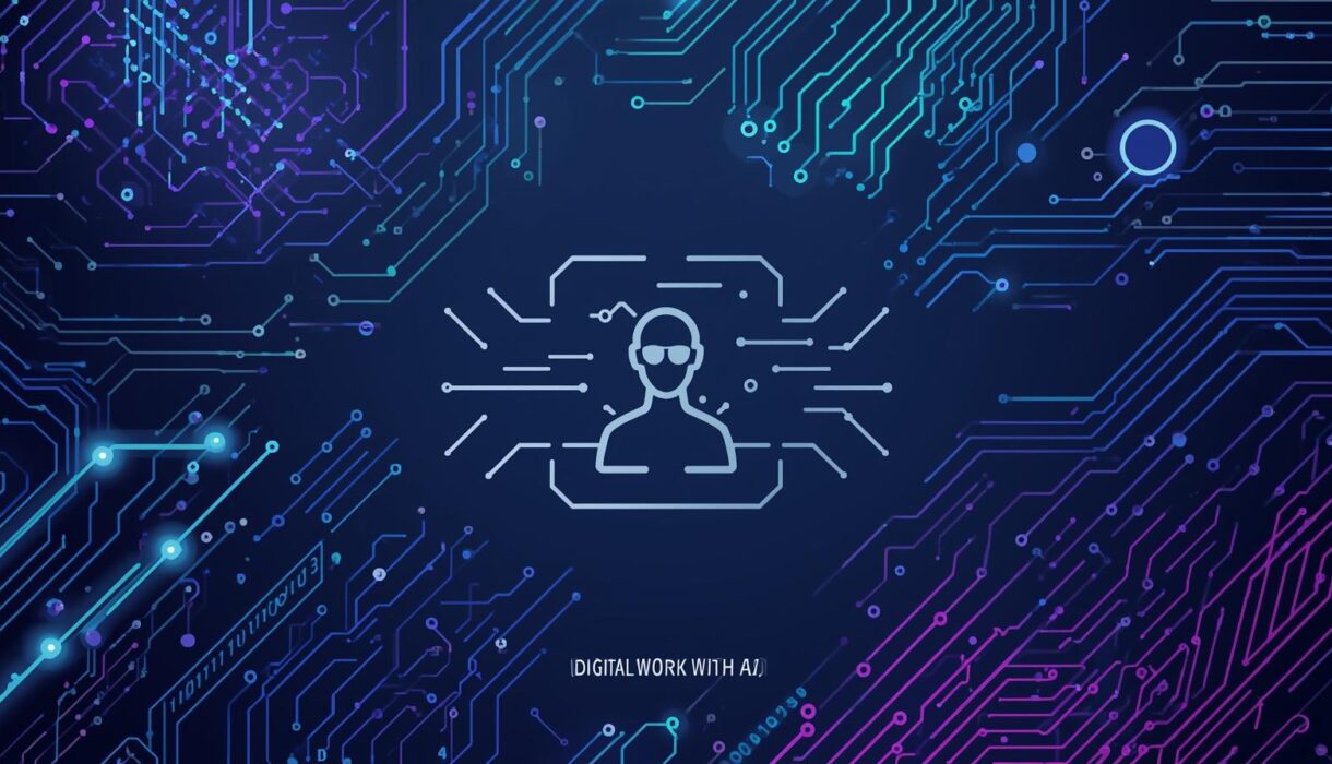 generar una portada de calidad con el tema relacionado a trabajo digital con ia con simbolos o marcaas relacionado al tema